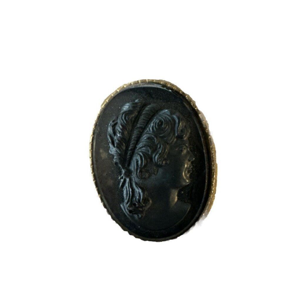 Vintage Black Glass Cameo Brooch Pin Clasp HEADBAND LADY Iridescent w Gold Tone
